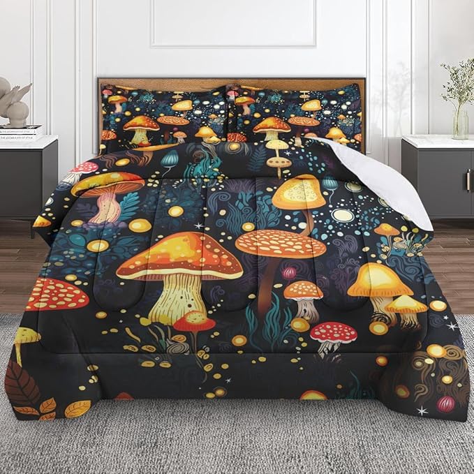 Mushroom Comforter Set for Kids Teens Adults Full, Orange Green Plant Bedding Sets Water Washed Microfiber Bedding with 1 Comforter 2 Pillowcases All Season