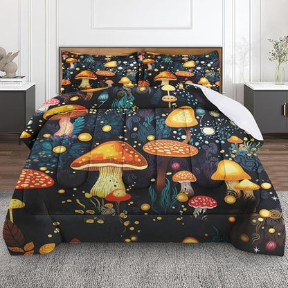 Mushroom Comforter Set for Kids Teens Adults Twin, Orange Green Plant Bedding Sets Water Washed Microfiber Bedding with 1 Comforter 1 Pillowcase All Season