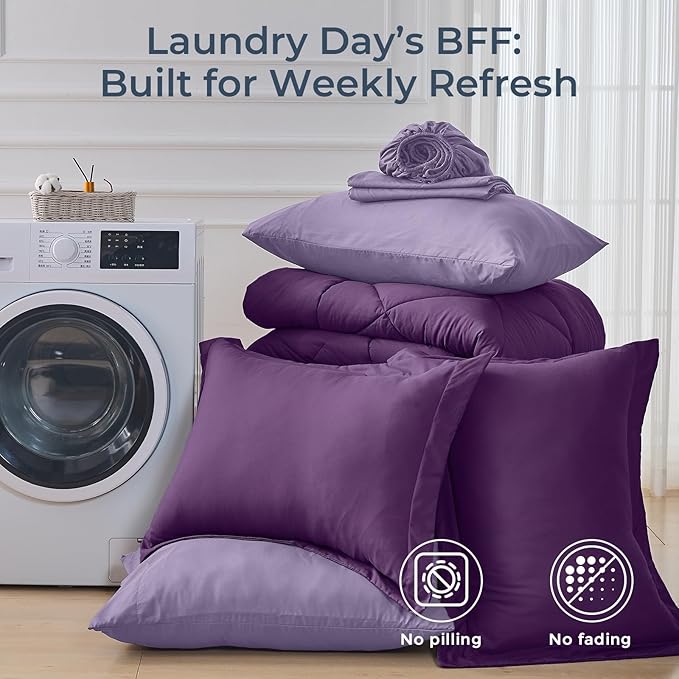 HEVUMYI Purple & Light Purple King Comforter Set - 7-Piece All Season Bed in a Bag King, Ultra Soft Bedding Set with Comforter, Flat Sheet, Fitted Sheet, Pillowcases, Pillow Shams