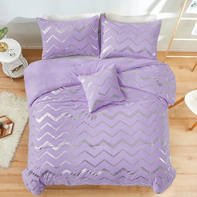 Menghomeus Purple/Silver Comforter Set Twin XL Lavender Metallic Print Glitter Bed Comforter Cute Shinny Bedding for Teen Girls Kids Women
