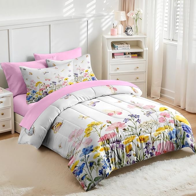 Nesker 5 Pcs Spring Comforter Set Twin Size, Pink Yellow Floral Bedding Set for Kids and Adults, Colorful Butterfly Bed Sheet Sets with Fitted Sheet Pillowcase & Sham