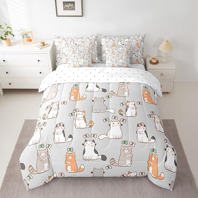 Erosebridal Cartoon Cat 7 Pcs Comforter Set King,Cute Butterfly Print Bed in a Bag,Kawaii Animal Kitten Duvet Set Pet Theme Bedding Set with Comforter,Sheets,Pillowcases & Throw Pillow Covers,Grey