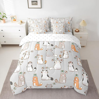 Erosebridal Cartoon Cat 7 Pcs Comforter Set King,Cute Butterfly Print Bed in a Bag,Kawaii Animal Kitten Duvet Set Pet Theme Bedding Set with Comforter,Sheets,Pillowcases & Throw Pillow Covers,Grey