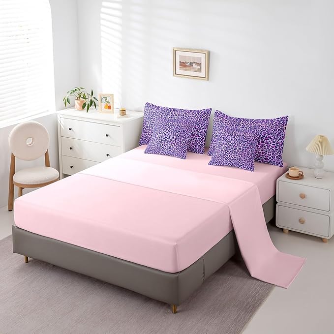 Feelyou Girls Leopard Print Comforter Set Twin Size 7 Pcs Women Purple Leopard Comforter Bed in a Bag Safari Wild Animal Bedding Set for Teens Pink Bed Set with Sheets, Pillowcases, Pillow Covers