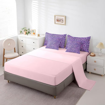 Feelyou Girls Leopard Print Comforter Set Full Size 7 Pcs Women Purple Leopard Comforter Bed in a Bag Safari Wild Animal Bedding Set for Teens Pink Bed Set with Sheets, Pillowcases, Pillow Covers