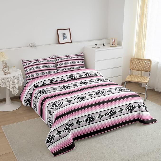 Erosebridal Girls Boho Comforter Set Toddler Pink Black Geometric Aztec Stripes Bedding Comforter Sets Western Bohemian Bedding Set for Kids Teen Women,Southwest Ethnic Tribal Mexican Quilt Duvet