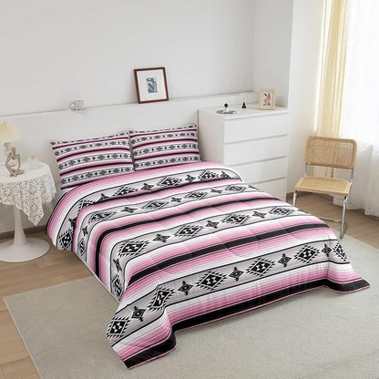 Erosebridal Girls Boho Comforter Set Toddler Pink Black Geometric Aztec Stripes Bedding Comforter Sets Western Bohemian Bedding Set for Kids Teen Women,Southwest Ethnic Tribal Mexican Quilt Duvet