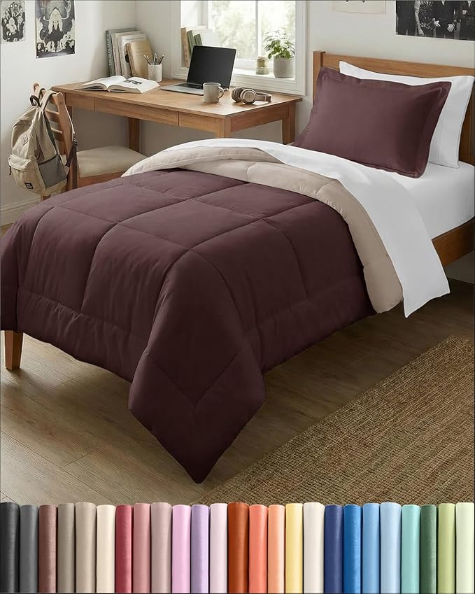 Twin XL Comforter Set - 2 Piece Bed Set for All Seasons - 1 Soft Quilted Comforter with Corner Tabs & 1 Pillow Sham - Comfy, Cozy & Breathable - Premium Down Duvet Insert - Twin XL Size, Brown/Beige