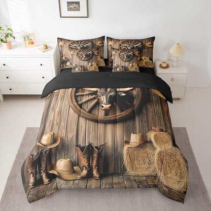 Erosebridal Bull Head 7 Piece Bedding Set King Western Comforter Set with Sheets Cowboy Hat Boots Car Wheels Haystack Bed in a Bag Board Star Print Farmhouse for Teens Men Women