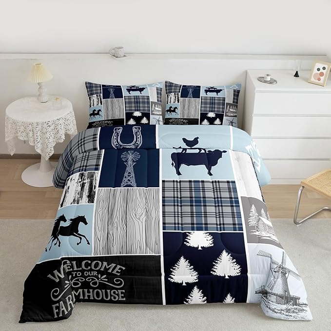 Erosebridal Farmhouse Horse Quilt, Rustic Windmill Comforter Set Twin Lodge Cabin Patchwork Bedding Set for Kids Teens Adult, Farm Animal Cowboys Horseshoe Down Comforter, 1 Pillow Case, Grey Blue