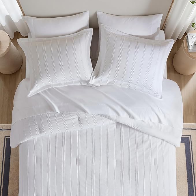 Madison Park Essentials Striped Comforter Set Queen, 7 Pieces Modern Minimalist Jacquard Bedding Set for All Season, Bed in A Bag with Sheet Set and Soft Brushed Reverse, Lightweight White