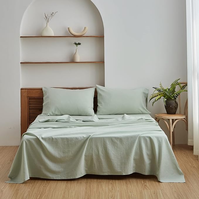 Simple&Opulence Belgian Linen Sheet Set Solid Color - 4 Pieces (1 Flat Sheet, 1 Fitted Sheet & 2 Pillowcases) Natural Flax Cotton Blend Soft Breathable Farmhouse Bedding - King Size, Mint Green