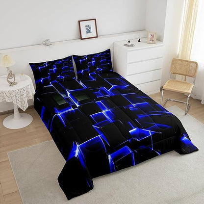 Erosebridal Abstract Comforter Set, Modern Geometric Grid Square King Bedding Sets, Blue Black Honeycomb Duvet Insert Soft Microfiber Polyester Bed Set for Kids Boys Bedroom