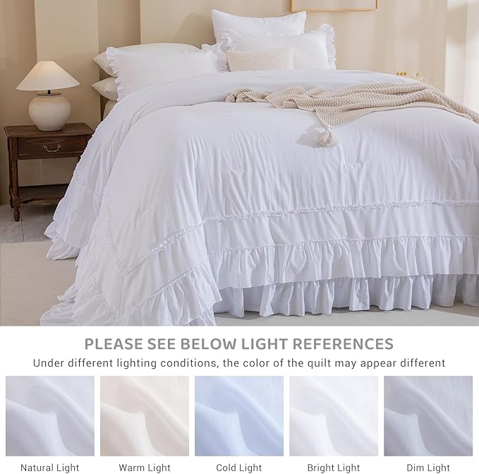 Sanracie California King Comforter Set 128" x 120", Cotton White Soft Breathable 3Pcs Bedding Sets Farmhouse French Country Shabby Vintage Ruffled Bedding Comforter Sets for All Season
