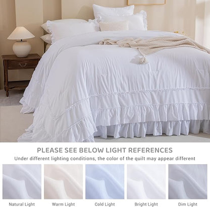 Sanracie California King Comforter Set 128" x 120", Cotton White Soft Breathable 3Pcs Bedding Sets Farmhouse French Country Shabby Vintage Ruffled Bedding Comforter Sets for All Season