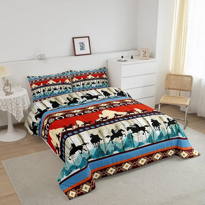 Feelyou Kids Twin Aztec Red Comforter Twin Size, Southwestern Cowboys Comforter Set for Boys Girls Horse Bedding Set Boho Tribal Duvet Set Microfiber Bed Set