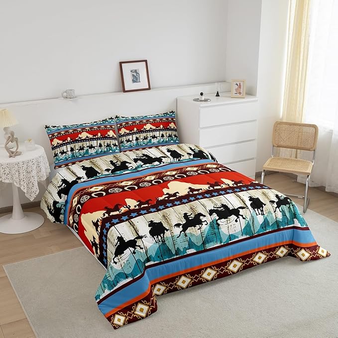 Feelyou Kids Full Aztec Red Comforter Full Size, Southwestern Cowboys Comforter Set for Boys Girls Horse Bedding Set Boho Tribal Duvet Set Microfiber Bed Set