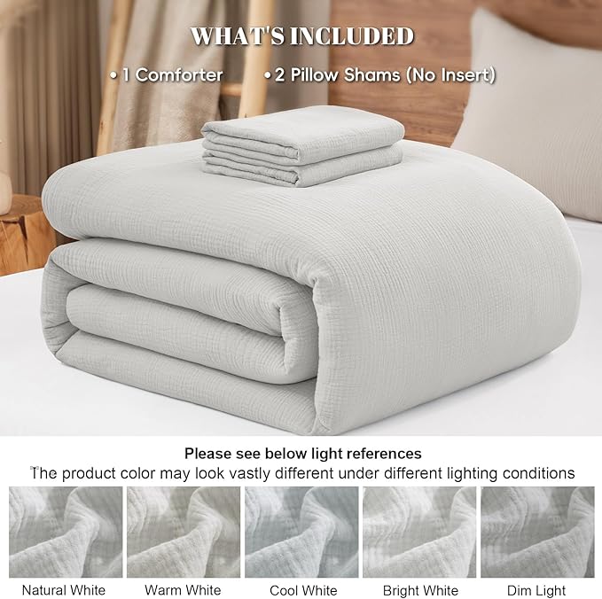 PHF Cotton Muslin Comforter Set King Size, Ultra Soft, Breathable & Lightweight All-Season Bedding, Filling: 100% Polyester, 3 Pieces with 1 Comforter 104"x90" and 2 Pillow Shams 20"x36", Light Grey