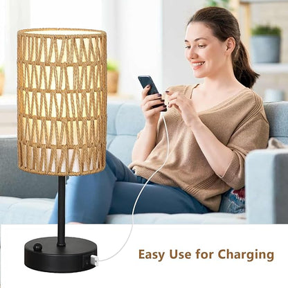 Touch Table Lamp Set of 2 For Bedroom with Bulb, Boho Small Desk Lamp For Living Room With Rattan & Linen Shade, 3 Way Dimmable Bedside Table Lamp For Nightstand With USB Charging Port & Phone Stand