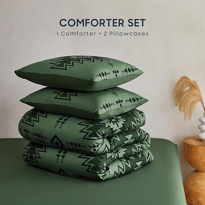 Wake In Cloud - Western Comforter Set, Boho Southwestern Rustic Farmhouse Style with Aztec Geometric Block Pattern, Soft Lightweight Bedding, 3 Pieces, Dark Olive Green, Queen Size