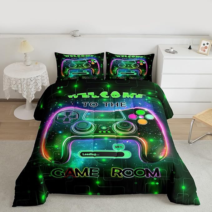 jejeloiu Cool Gamer Bedding Set Toddle Size for Boys 3D Gaming Comforter Set Kids Teens Bright Green Duvet Set Modern Game Console Quilt Set 2Pcs