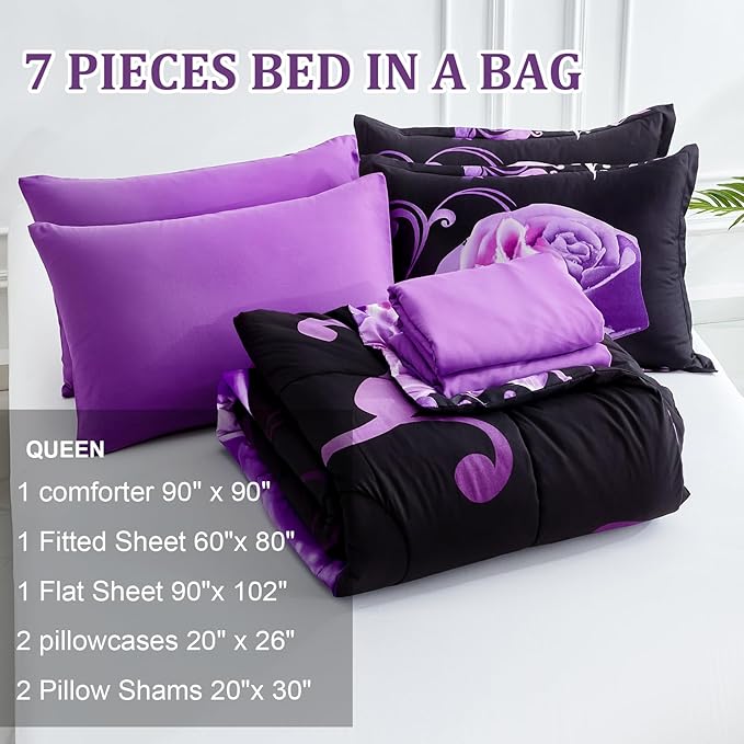 WONGS BEDDING Purple Comforter Set Queen, Reversible Purple Rose 7 Pieces Bed in a Bag, Lightweight Soft Microfiber Bedding Sets with Flat Sheet, Fitted Sheet, Pillowcases & Shams