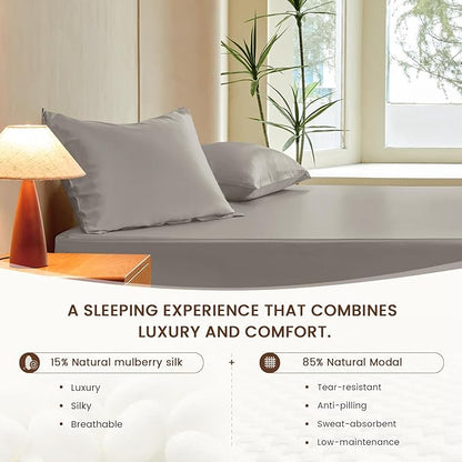 THXSILK Luxury Mulberry Silk Fitted Sheet Set 3 Pcs, King Silk Bed Sheet Set with 16" Deep Pockets, Soft & Cooling Sheets, 1 Fitted Sheet, 2 Pillowcases with Zipper Closure - Grey