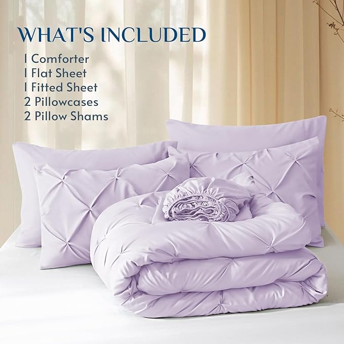 JOLLYVOGUE King Size Comforter Set 7 Pieces - Bed in a Bag King for All Season, Pintuck Bedding Comforter Sets with Comforter, Flat Sheet, Fitted Sheet and Pillowcases & Shams, Light Purple