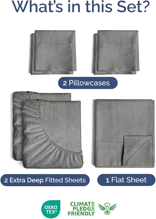 Extra Deep Split King Sheet Set - 7 Piece Breathable and Cooling Sheets - Hotel Luxury Bedding for Women, Men, Kids & Teens - Secure Fit - Soft and Wrinkle Free - Extra Deep Pockets - Heathered Grey