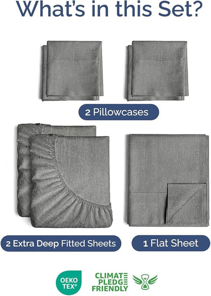 Extra Deep Split King Sheet Set - 7 Piece Breathable and Cooling Sheets - Hotel Luxury Bedding for Women, Men, Kids & Teens - Secure Fit - Soft and Wrinkle Free - Extra Deep Pockets - Heathered Grey