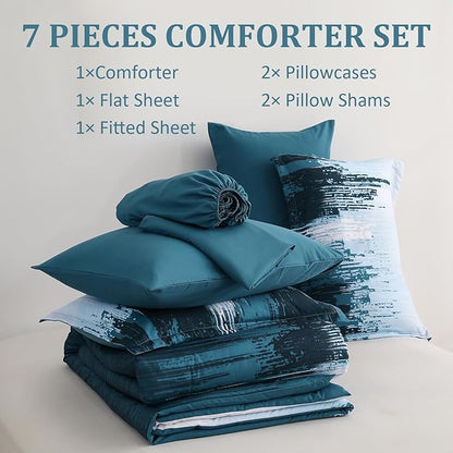 WONGS BEDDING Comforter Set King, Teal Blue 7 Pieces Bed in a Bag Colorful Abstract Art Gradient Comforter Soft Microfiber Bedding Set with Comforter,Flat Sheet,Fitted Sheet,Pillow Shams,Pillowcases