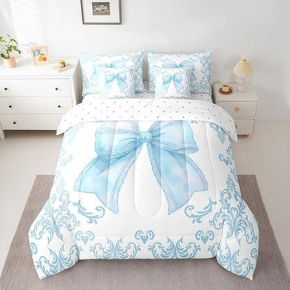 jejeloiu Girls Pretty Ribbon Blue Bow 7 Piece Bedding Set Full Size Blue Damask Comforter Set with Sheets for Kids Women Cute Bow Bed in a Bag Princess Bed Set