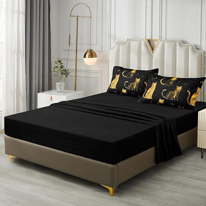 Black Gold Comforter Queen Gold Cat Bedding Set Black Kitty Animal Pattern Super Soft Cozy Girls Boys Pet Theme Cute Bed in A Bag with Comforter and Sheet Set