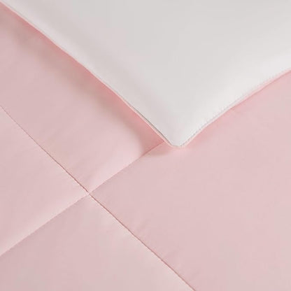 Reversible Box Stitch Comforter Set, 3-Piece Full/Queen – Light Pink/White– Stylish Bedding Set