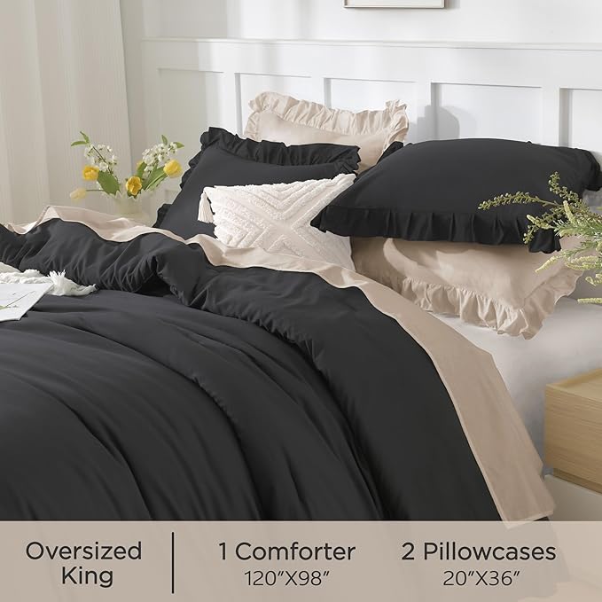 Andency Oversized King Comforter Set 120x98, 3 Pieces Ruffle Shabby Chic Famhouse Bedding Set, All Season Lightweight Fluffy Bed Set for Girls Women, Black