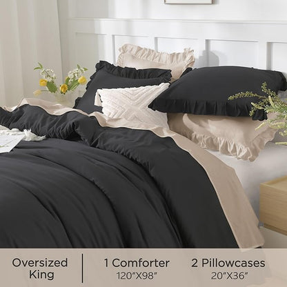 Andency Oversized King Comforter Set 120x98, 3 Pieces Ruffle Shabby Chic Famhouse Bedding Set, All Season Lightweight Fluffy Bed Set for Girls Women, Black