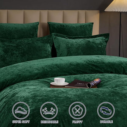 PHF Crushed Velvet Comforter Set King Size, 5-Piece Luxury Winter Bedding Sets with 2 Euro Shams, Heavyweight Warm Fluffy Velvet Bed Spread, Glam Home Decor, Emerald Green