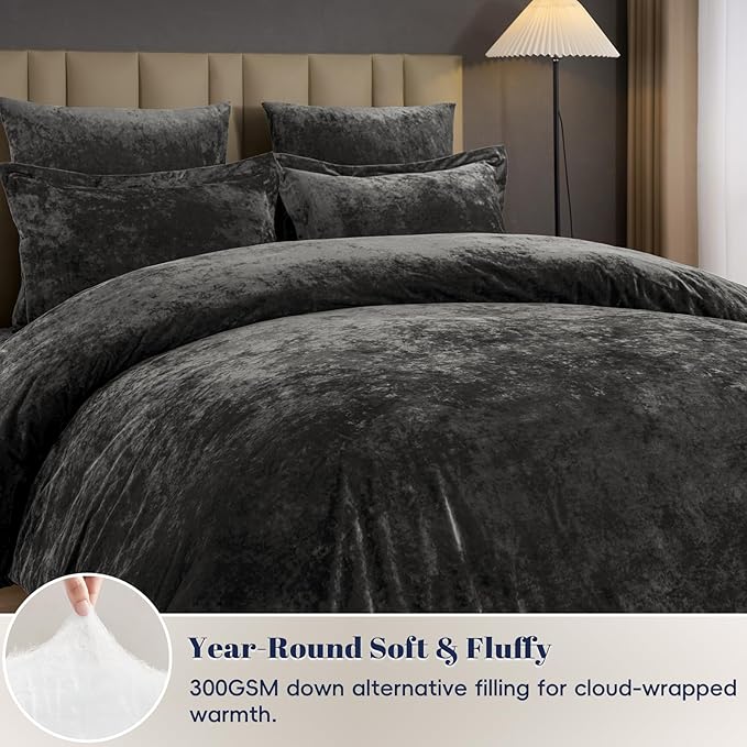 PHF Crushed Velvet Comforter Set King Size, 5-Piece Luxury Winter Bedding Sets with 2 Euro Shams, Heavyweight Warm Fluffy Velvet Bed Spread, Glam Home Decor, Grey