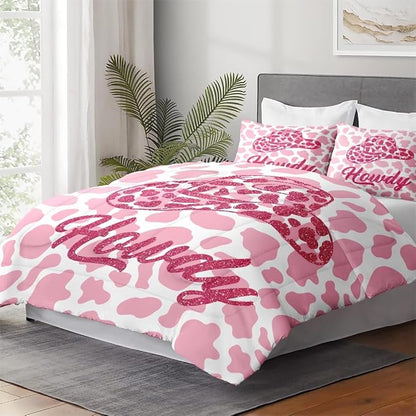 Twin Size Comforter Set with Pillowcase, Western Cowboy Cow 2 Pcs Bedding for Kids and Adults, Pink Cowgirl Leopard Print Soft Comforter Set for Bedroom Bed Decor