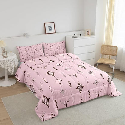 Feelyou Pink Western Bull Skull Comforter Set Boho Ethnic Horns Toddler Size Bedding Set Kids Adult Tribal Symbol Mysterious Aztec Comforter Soft