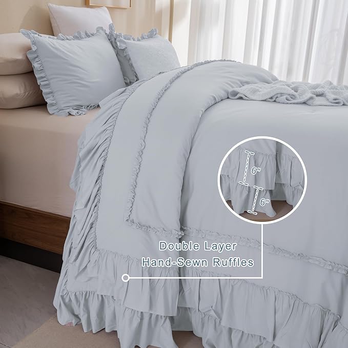 QSH Oversized King Comforter 120x120,3PCs Light Blue Farmhouse Ruffle Bedding Comforter Shabby Boho Chic Ruffled California King Comforter Soft Microfiber Lightweight Fluffy Bed with Pillowcases