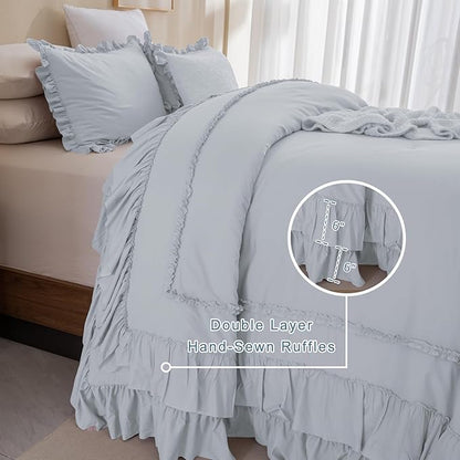 QSH Oversized King Comforter 120x120,3PCs Light Blue Farmhouse Ruffle Bedding Comforter Shabby Boho Chic Ruffled California King Comforter Soft Microfiber Lightweight Fluffy Bed with Pillowcases