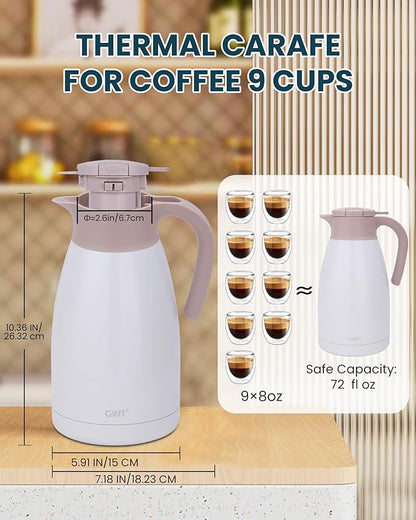 GiNT 2.2L / 74Oz Thermal Coffee Carafe, Insulated Stainless Steel Coffee Carafes for Keeping Hot/Double Walled Vacuum Thermal Carafe (White)