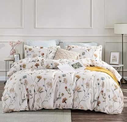 SLEEPBELLA Comforter King Size, 600 Thread Count Cotton White Printed with Blue & Blush Flowers Cotton Comforter Set,Down Alternative Bedding Set 3Pcs(King, White Floral)