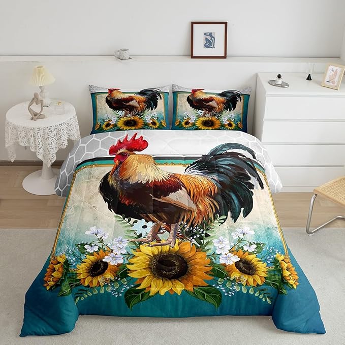 Erosebridal Chicken Comforter Set Queen Size Sunflower Bedding Grey Honeycomb Blue Yellow Rooster Down Farmhouse Wild Animal Leaves Room Decor Comforters & Sets for Adult Kids Boys,Multi 121