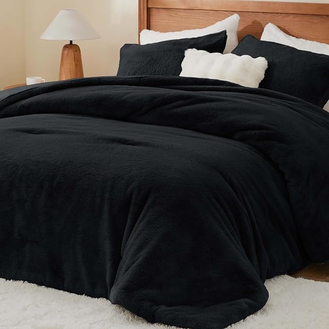 BEDELITE Faux Fur Fleece Queen Comforter Set - Fluffy & Warm Black Comforter Queen Size，Ultra Soft and Cozy Winter Bedding Set,Fuzzy Thick Bed Set,1 Comforter and 2 Pillowcases