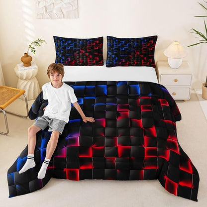 Erosebridal Geometric Checkered Boys Bedding Set Toddler Size Neon Red Blue Comforter Set for Kids Teen Men Gamer Room Decor,Abstract Ombre Plaid Comforter Grids Quilt Duvet Black