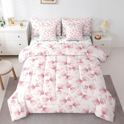 Feelyou Pink Bow Comforter Set with Sheets Full Size Kids Bowknot 7 Pieces Bedding Set for Boys Girls Teens Gift for Girls Women Bed in a Bag Breathable Princess Décor Bed Set