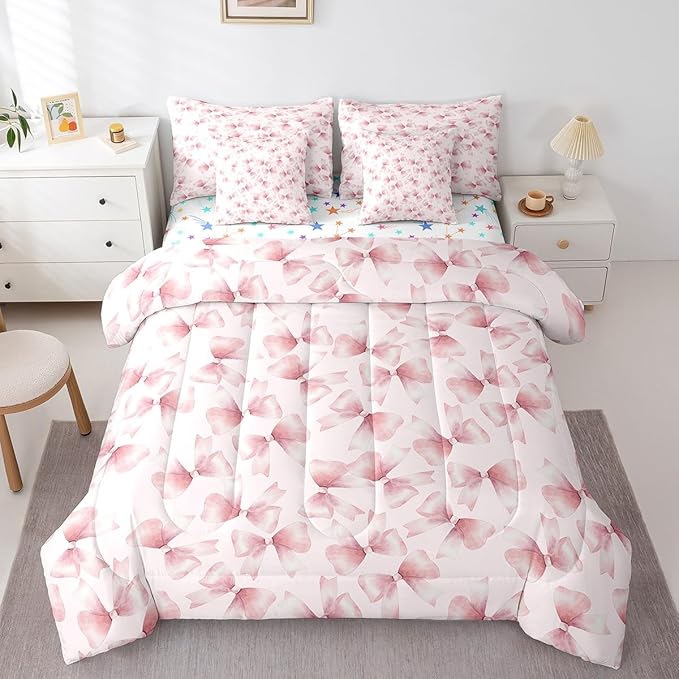 Feelyou Pink Bow Comforter Set with Sheets Queen Size Kids Bowknot 7 Pieces Bedding Set for Boys Girls Teens Gift for Girls Women Bed in a Bag Breathable Princess Décor Bed Set