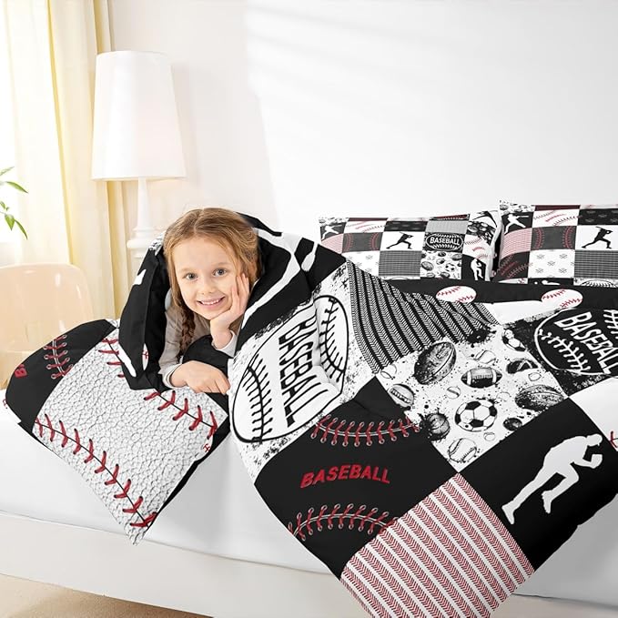 Erosebridal Kids Baseball Comforter Set Full Softball Boys Bedding Set Sports Game Quilted Comforter for Boys Patchwork Down Comforter Baseball Gift Duvet Insert for Teens, Red Black Gray